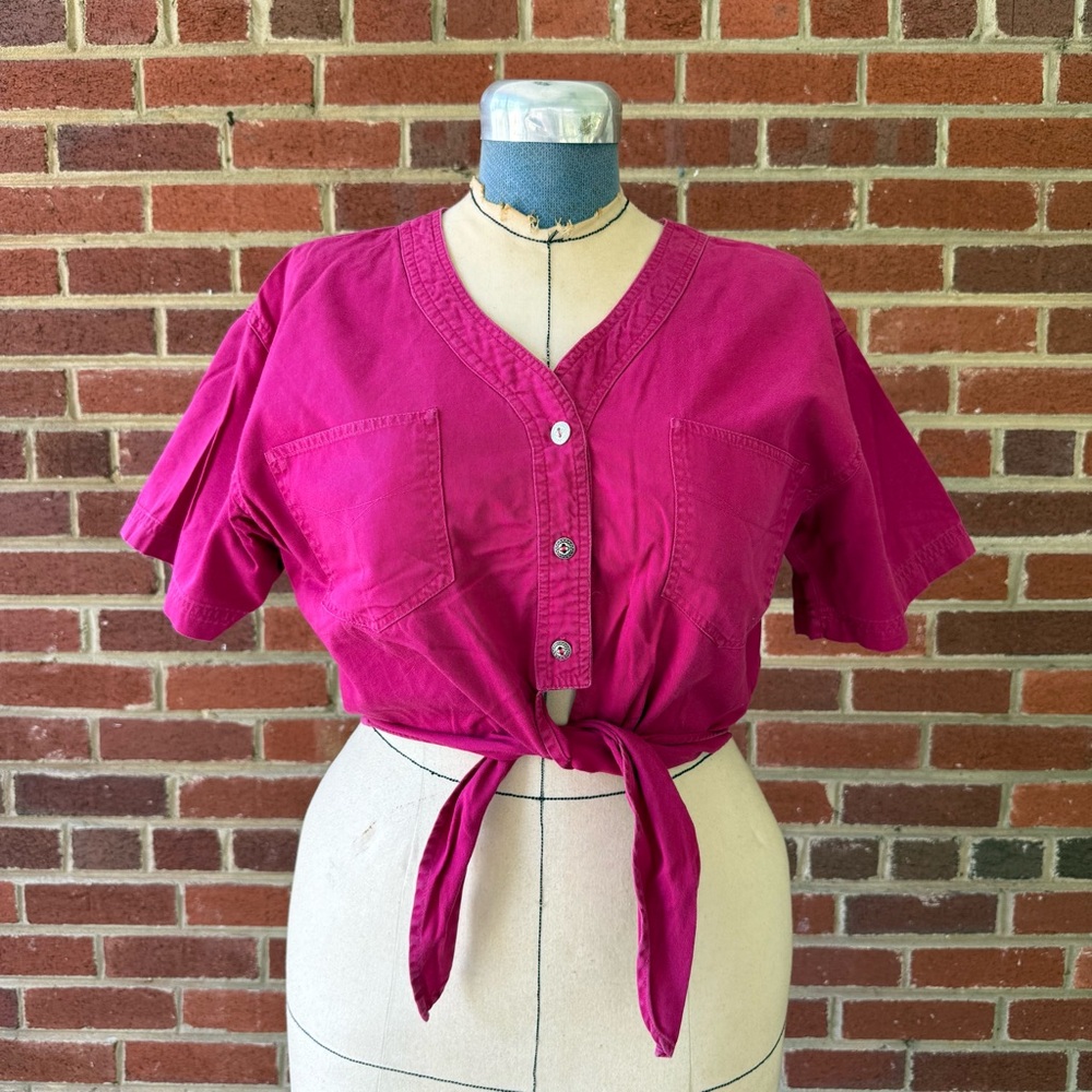 Vintage 80s Pink Western Cotton Front Tie Button Crop Top